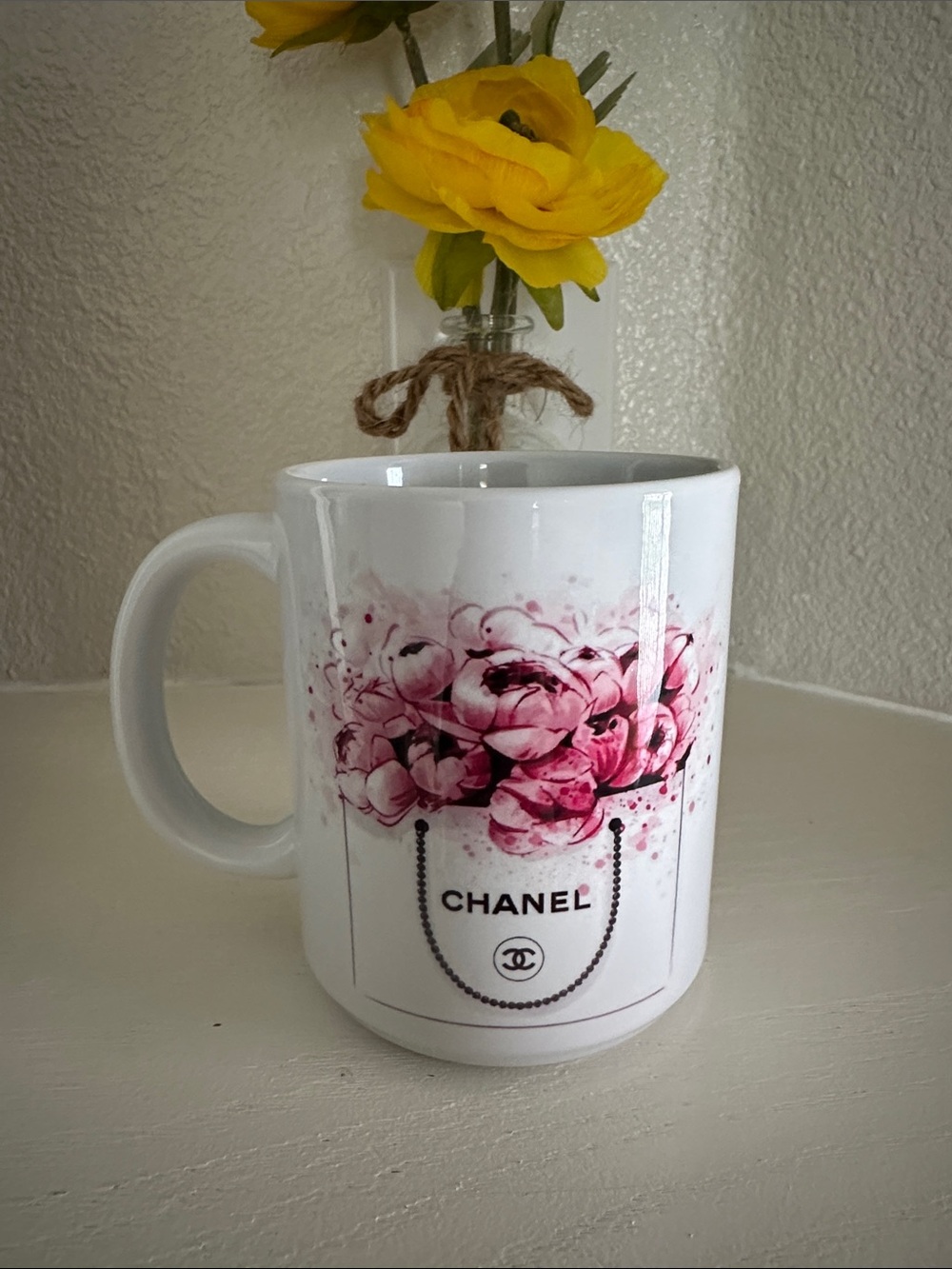CHANEL White Ceramic Mug with Pink Floral Logo